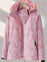 NEW Leaf Print Outdoor Jacket With Removable Hood, Women's Windproof & Rainproof Jacket, Women's Outdoor Clothing, Pink, Fits Sz M, Retails $149+