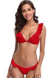 NEW Shekini Ruffles Flounce Cute Solid Low Waist Bikini, Red, Sz L