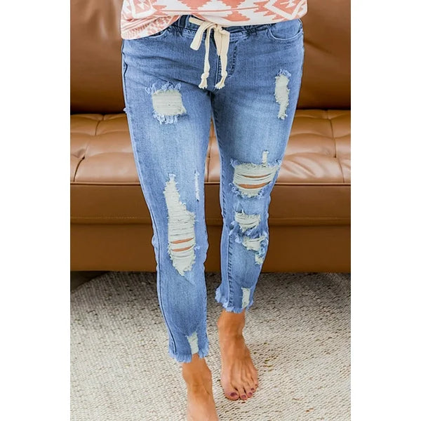 NEW Women's Sky Blue Drawstring Elastic Waist Hole Ripped Jeans, Tag Says 5XL, Fits like 2XL