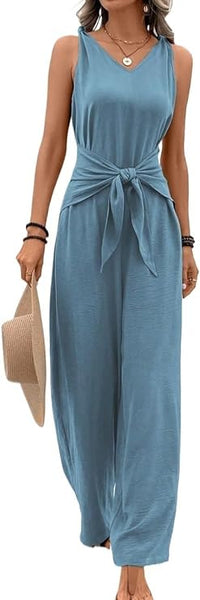 NEW Very Flattering Sleeveless Tie Front Wide Leg Jumpsuit Piece Pants Romper, Blue, Sz L