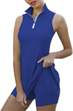 NEW 2 Piece Women Golf Tennis Dress Zipper Collar Workout Sleeveless Athletic Dress with Shorts and Pockets Sportswear, Sapphire Blue, Sz S