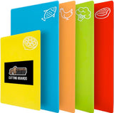 NEW GORILLA GRIP Original Set of 5 Flexible Plastic Cutting Boards, 4 Large Plus Small Board, Gripped Backing, Dishwasher Safe, Non Porous, Durable Chopping Mats, Food Icons, Multi Color