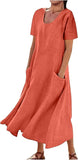 NEW Retails $65, Cotton Linen Dress Loose Solid Color Short Sleeve Maxi Dress Women Mothers Day Dresses with Pocket, Orange, Fits M/L