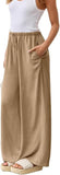 NEW Retails $40, NEWCOSPLAY Women's Linen Pants Wide Leg Summer Palazzo Lounge Pants with Pockets, Dark Khaki, Sz 3XL