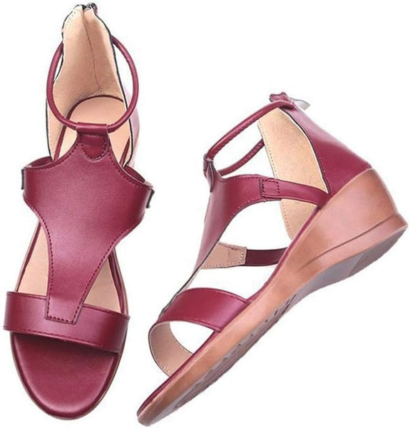 NEW Women's Fashion Wedge Sandals Comfort Rome Pedic Open Toe PU Leather Sandals Ladies Summer Walking Sandals for Outdoor Sport Beach Traveling Flip Flops, Burgundy, Sz 8