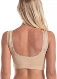 New Women Comfort Wireless Lace Lift Bra Classic Front Cross Side Buckle Yoga Sports Lace Bra, Beige, Sz XL