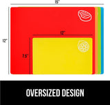 NEW GORILLA GRIP Original Set of 5 Flexible Plastic Cutting Boards, 4 Large Plus Small Board, Gripped Backing, Dishwasher Safe, Non Porous, Durable Chopping Mats, Food Icons, Multi Color