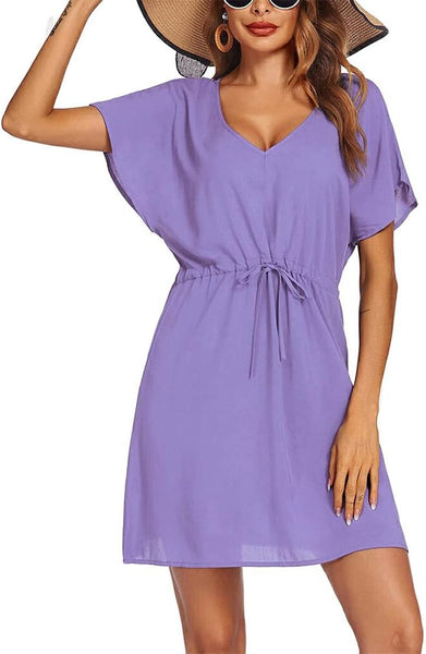 NEW Women Summer Dresses Short-Sleeve Female Beach Skirt Loose Daily-Wear above-knee Solid Color Dress Work Party, Purple, XL