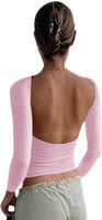 NEW Women's Backless Solid Casual Long sleeve Sexy Vintage Cut Out Tee Light Pink, Sz S