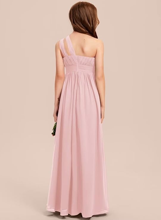 NEW A-line One Shoulder Floor-Length Chiffon Junior Bridesmaid Dress for Wedding Teen Girls Party Gowns, Blushing Pink, Girl's Sz 12, Retails $94