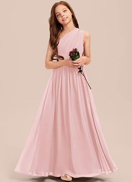 NEW A-line One Shoulder Floor-Length Chiffon Junior Bridesmaid Dress for Wedding Teen Girls Party Gowns, Blushing Pink, Girl's Sz 12, Retails $94