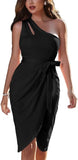NEW Women's One Shoulder Ruched Bodycon Midi Dress Sexy Cutout Party Cocktail Club Dresses with Pocket, Black, Sz XL
