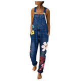 NEW WUAI-Women Denim Overalls Jumpsuit Casual Floral Printed Baggy Loose Bib Jeans Pants Rompers with Pockets, Sz XXL