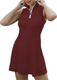 NEW Women 2 Piece Golf Tennis Dress Zipper Collar Workout Sleeveless Athletic Dress with Shorts and Pockets Sportswear Burgundy Sz XL