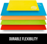 NEW GORILLA GRIP Original Set of 5 Flexible Plastic Cutting Boards, 4 Large Plus Small Board, Gripped Backing, Dishwasher Safe, Non Porous, Durable Chopping Mats, Food Icons, Multi Color