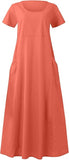 NEW Retails $65, Cotton Linen Dress Loose Solid Color Short Sleeve Maxi Dress Women Mothers Day Dresses with Pocket, Orange, Fits M/L