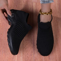 NEW Retails $75+ Women's Breathable Knit Chunky Sneakers, Casual Slip On Air Cushion Shoes, Lightweight Low Top Sock Shoes, Pure Black, Sz 6