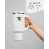 NEW SSH 40 oz Insulated Stainless Steel Tumbler with Handle & Leakproof Lid – BPA-Free, Vacuum-Sealed Travel Mug with Reusable Straw – Fits Car Cup Holders – White – Popular Seasonal Pick