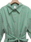 NEW Green Plaid Print Midi Dress, Elegant Button Front Long Sleeve Dress, Women's Clothing, Sz L, Retails $75