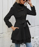 NEW Women Swing Double Breasted Wool Pea Coat Belt Slim Thick Wool Faux Fur Lapel Mid-Long Winter Outwear Trench, Black, Sz XS