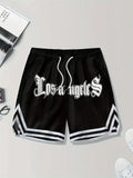 NEW Retails $46, Stylish Men's LOS ANGELES Alphabet Print Loose Fit Sports Shorts - Drawstring Waist, Side Pockets, Non-Stretch Polyester Fabric, Hand Washable, Perfect for Summer Basketball, Outdoor Sports, and Daily Casual Wear, Black, Sz L