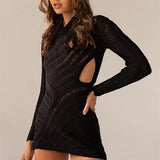 NEW Micas Women's Casual Dresses Knitting Hollow Out Long Sleeve See-Through Aesthetic Elegant Chic Bodycon dress, Black Sz M