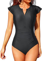 NEW Retails $55 Tempt Me One Piece Swimsuits for Women Zip Front Rash Guard Short Sleeve Tummy Control Surfing Sport Bathing Suits Black, Plus Sz 22W