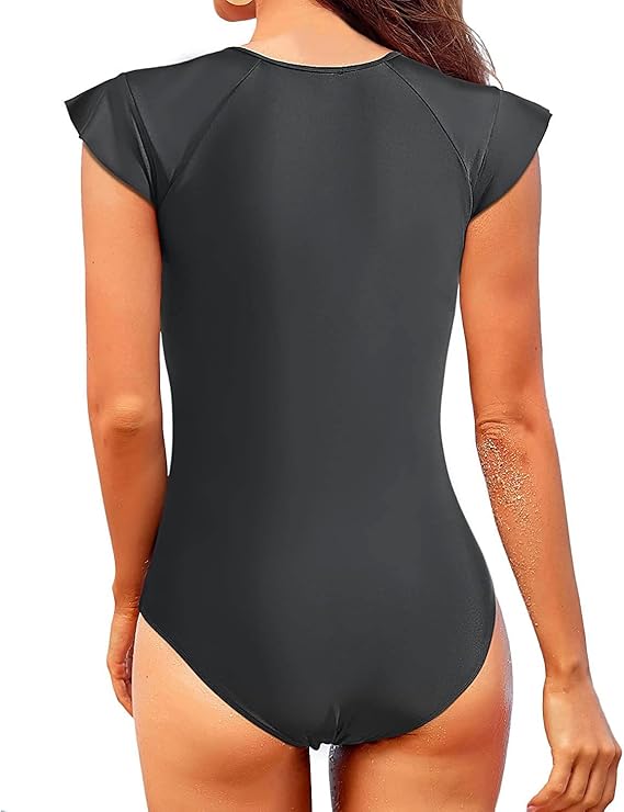 NEW Retails $55 Tempt Me One Piece Swimsuits for Women Zip Front Rash Guard Short Sleeve Tummy Control Surfing Sport Bathing Suits Black, Plus Sz 22W