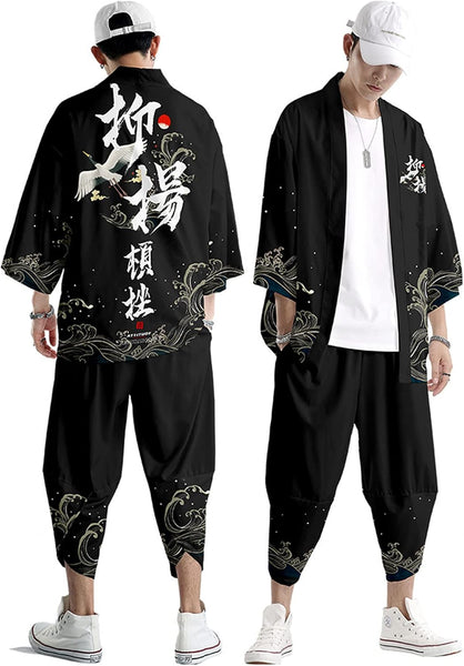 NEW Traditional Kimono Set, Japanese Style Kimono Streetwear Two-Piece Suit, Japan Harajuku Cardigan Open Front Coat Nightdress Bathrobe Sleepwear for Men, Sz L