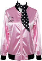 NEW Lixinya 50s Lady's Pink Satin Jacket Halloween Cosplay Costume Pink Jacket with Neck Scarf, Sz L