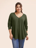 NEW Bloomchic Plain Waffle Knit Scoop Neck Plicated Detail T-shirt, Dark Green, PLUS Sz 28