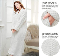 NEW Long Full Zip Fleece Bath Robe for Women Zipper Spa Bathrobe Flannel Nightgown Housecoat, White, Sz L, Retails $49+