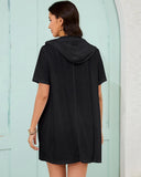 NEW Retails $48, Bsubseach Women's Terry Cloth Swim Cover Up Zipper Hooded Swimsuit Coverup Short Sleeve Beach Coverup with Pockets, Black, Sz Women's M