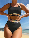 NEW Zuvebamyo Women's High Waisted Swimsuit Two Piece Ribbed Bikini Sets Crop Top High Cut Cheeky Bathing Suits, Sz L