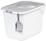 NEW IRIS USA Cat Litter Box, Rectangular Top Entry Litter Box with Scoop, Large Cat Litter Box Enclosure, Kitty Litter Box, Litter Box with Litter Catching Lid, White/Gray, Small Chip On Corner From Transport, Retails $78+
