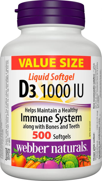 NEW Webber Naturals Vitamin D3 1000 IU, 500 Softgels, For Healthy Bones, Teeth, and the Maintenance of Good Health - Exp. June 2027