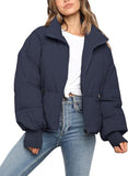 NEW ZROZYL Women's Winter Puffer Down Jacket Long Sleeve Zipper Pockets Baggy Short Coats, Blue, Sz L