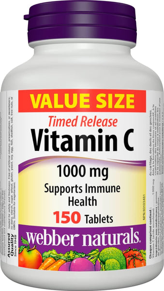 NEW Webber Naturals Vitamin C Timed Release 1000 mg, 150 Tablets, For Bones, Teeth, Immune and Antioxidant Health - Exp. March 2027