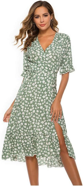 NEW Women V Neck Wrap Summer Beach Holiday Sleeve Dress, Green, Sz XL