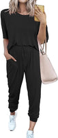 NEW PRETTYGARDEN Women's Two Piece Outfit Short Sleeve Pullover with Drawstring Long Pants Tracksuit Jogger Set, Black, Sz M, Retails $64+