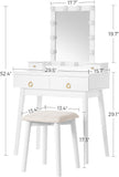 NEW IN BOX Retails $150US+ VASAGLE White Makeup Vanity Set, Makeup Dressing Table Set with Mirror, 10 Light Bulbs, 3-Slot Removable Organizer, 4 Drawers, Cushioned Stool, Mid-Century Modern Style