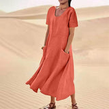 NEW Retails $65, Cotton Linen Dress Loose Solid Color Short Sleeve Maxi Dress Women Mothers Day Dresses with Pocket, Orange, Fits M/L