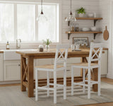 NEW IN BOX! Retails $166, HOMCOM Bar Stools Set of 2, Farmhouse Counter Height Barstools, Solid Wood Bar Chairs with Cross Back and Footrest for Kitchen, Natural (2 STOOLS ONLY)