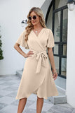 NEW Women's Summer Satin Wrap Dresses V Neck Ruffle Short Sleeve Midi Dresses for Cocktail Party with Belt, Beige, Sz M