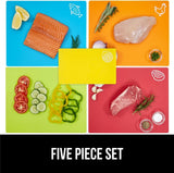 NEW GORILLA GRIP Original Set of 5 Flexible Plastic Cutting Boards, 4 Large Plus Small Board, Gripped Backing, Dishwasher Safe, Non Porous, Durable Chopping Mats, Food Icons, Multi Color
