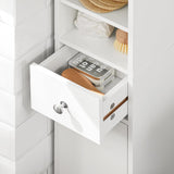 NEW Assembled, SoBuy White Bathroom Cabinet Bathroom Shelf Bathroom Tall Cabinet Cupboard Note: Has a few scuff spots from transport as shown in pics, could be touched up doesn't affect its use!
