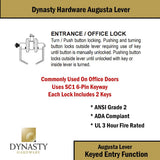 NEW Retails $113, Dynasty Hardware AUG-00-26D Grade 2 Commercial Duty Office Door Keyed Lever Lockset, ADA, Satin Chrome Finish