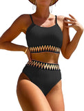 NEW Zuvebamyo Women's High Waisted Swimsuit Two Piece Ribbed Bikini Sets Crop Top High Cut Cheeky Bathing Suits, Sz L