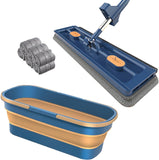 NEW Large Flat mop and Retractable Bucket with Wheels, 360 Degree rotatable mop, Adjustable Stainless Steel Long Handle with 6 Washable Microfibre Pads with dewatering Squeegee (Blue)
