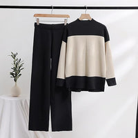 NEW Women 2 Piece Outfits Sweater Sets Knit Lounge Set Fashion Stripes Turtleneck Pullover Tops and Wide Leg Pant Set - Color: Black/off white - Size XXL Fits True